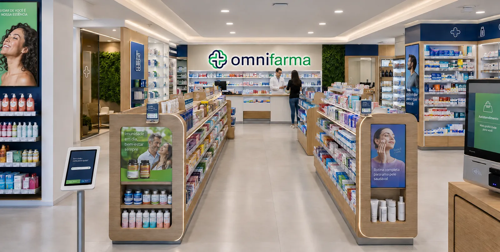 Conceito de farmácia Omnifarma com ambiente contemporâneo